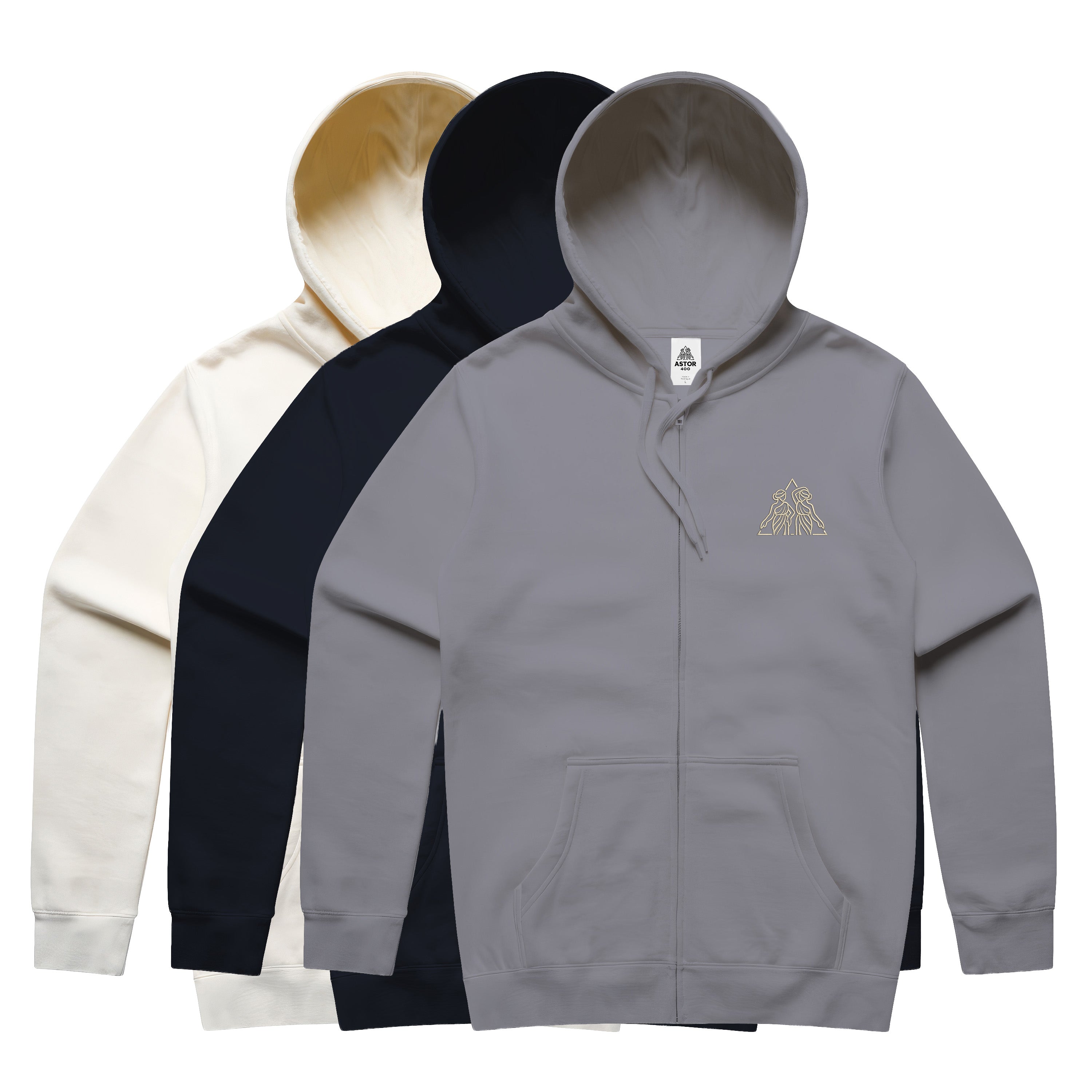 Astor 400 Capsule 3 Muses Emblem Hoodies - Grey, Navy, Ivory (Front)