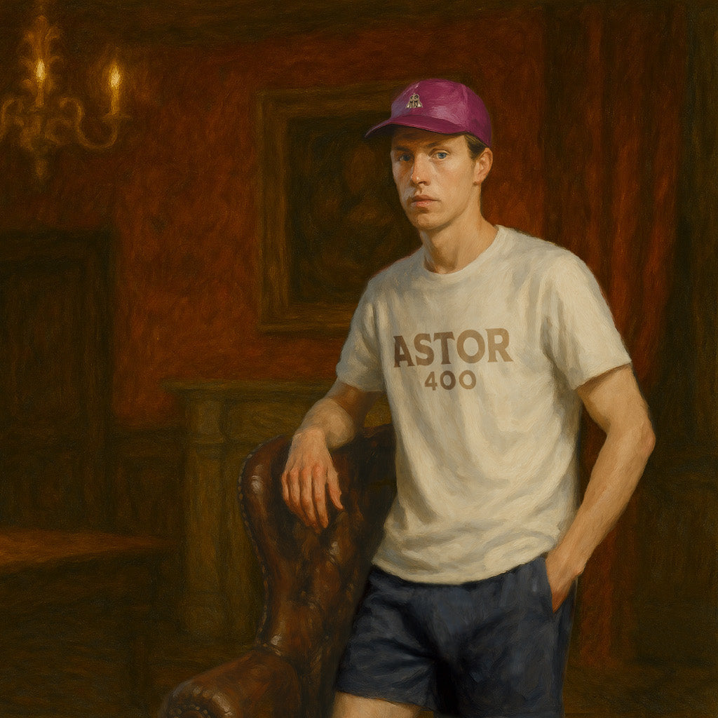 Person wearing a 'Astor 400' t-shirt in a dimly lit room with a chandelier.
