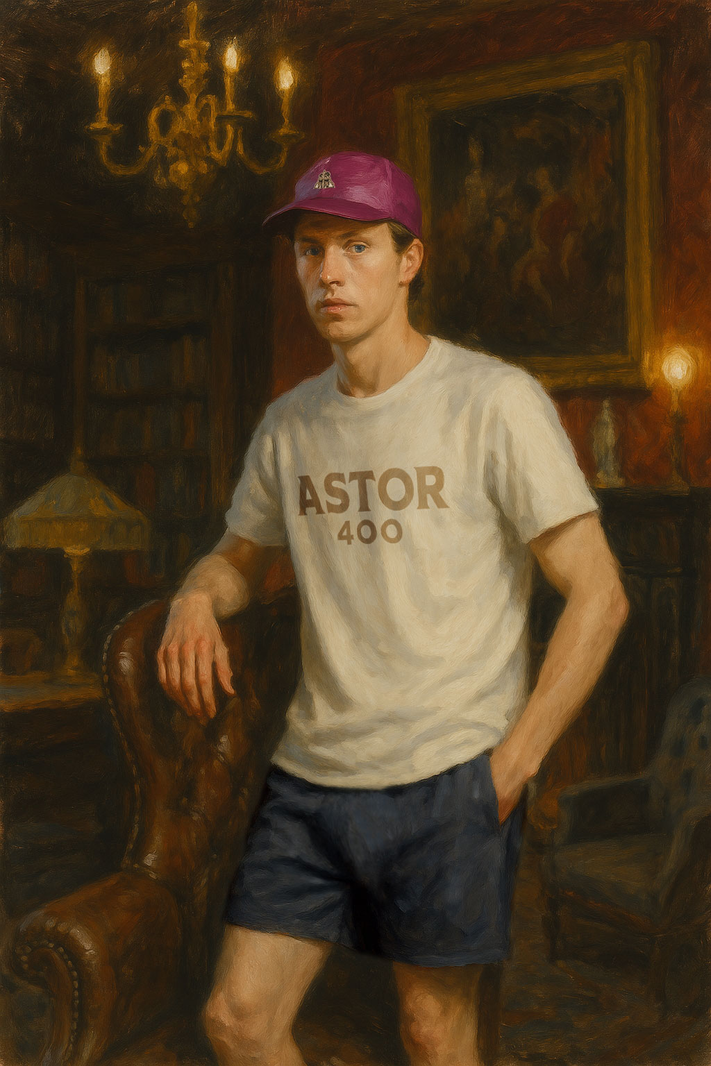 Model painted in the style of John Singer Sargent wears an Astor 400 t-shirt and shorts
